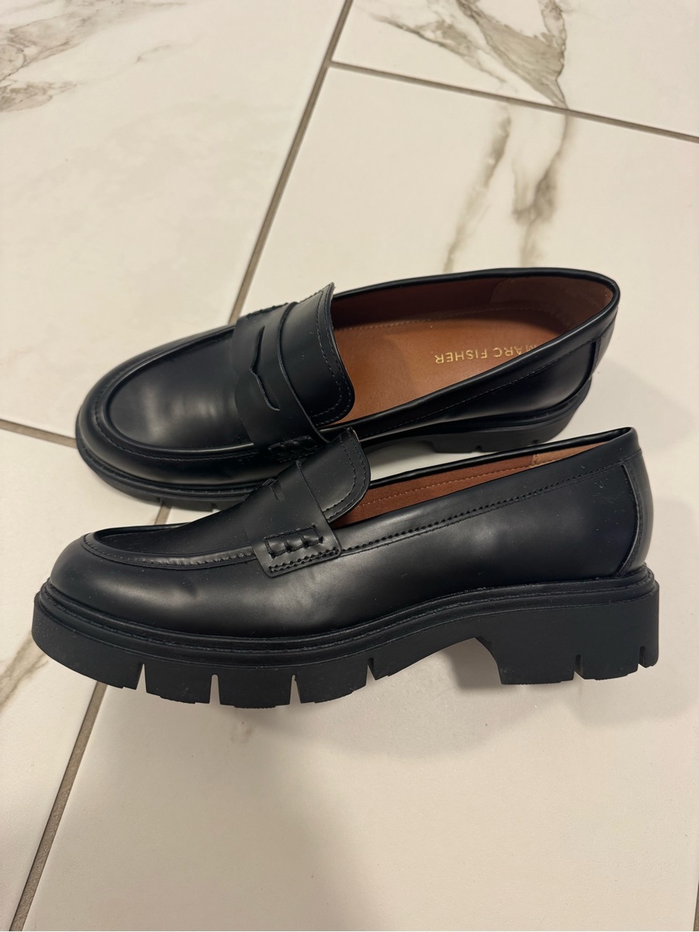 Marc Fisher Black Lug Sole Penny Loafers